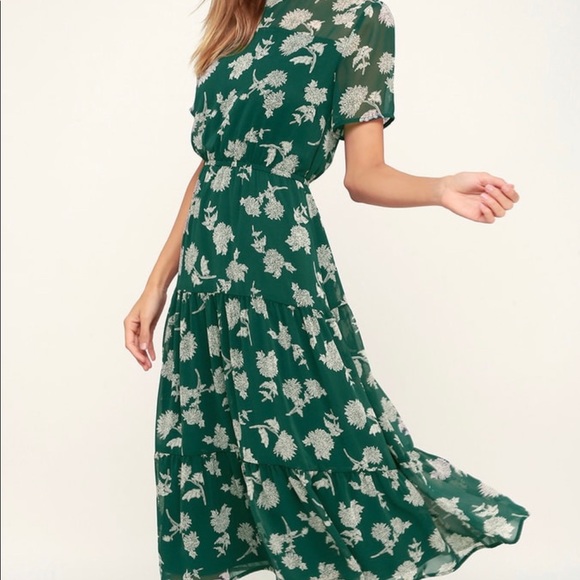 floral dressed up dark green floral print midi dress